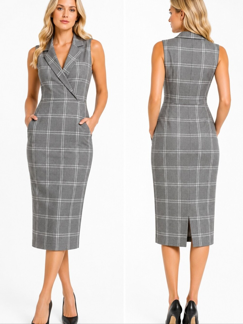 ASOS Tall Plaid Sleeveless Wrap Midi Sheath Dress Women Gray Windowpane Sz 6 NWT - Picture 11 of 11